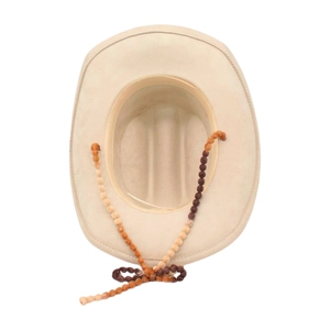 Classic cream suede cowboy hat with stylish colorful beaded strap on white background