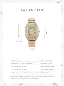 Detailed technical specification and size chart of the square crystal quartz watch