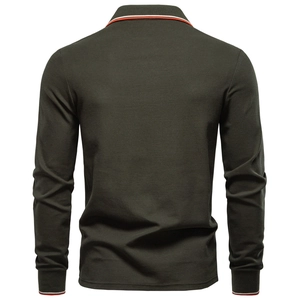Back view of dark green long sleeve polo shirt with textured knit and striped trim