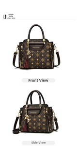 Detailed front and side view of dark brown vintage patterned handbag with tassel