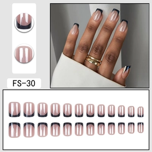 French tip press-on nails set with nude base and black tips, 24 pieces in model FS-30