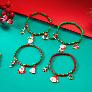 Chirstmas beaded bracelet set with Santa, snowman and tree charms in red and green colors