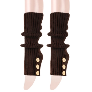 Detail of dark brown knit leg warmer featuring vintage buttons and ribbed texture