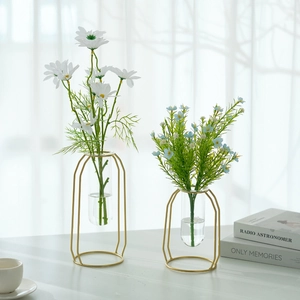 Creative Nordic gold geometric metal frame vases with glass tubes for home decor