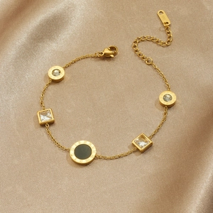Elegant gold-plated stainless steel bracelet with Roman numerals and square zircon pendant
