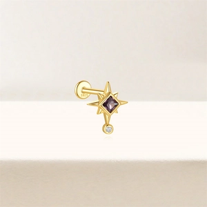 S925 silver gold star stud earring with purple square gem and clear drop detail