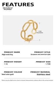 Detailed view of golden stainless steel hollow chain ring with adjustable opening