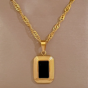 Minimalist gold titanium steel necklace with rectangular black inlay pendant