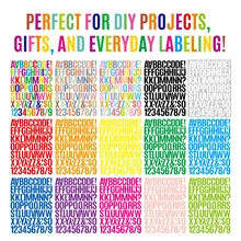 Macro shot of 15 colorful glitter alphabet and number stickers for DIY card projects