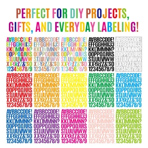 Detailed grid of 15 colorful 1.5-inch vinyl alphabet and number stickers for DIY crafts