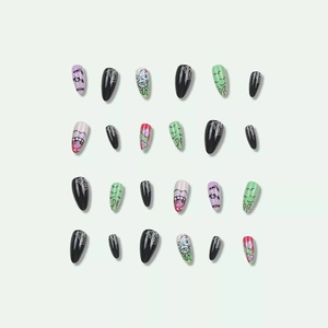 Halloween long almond press-on nails featuring spider webs, bats, and goth graffiti patterns