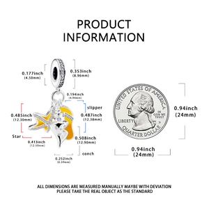 Macro detail of starfish and shell bead charm with dimensions and coin reference