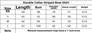 Detailed size chart for striped side-tie shirt with chest and sleeve measurements