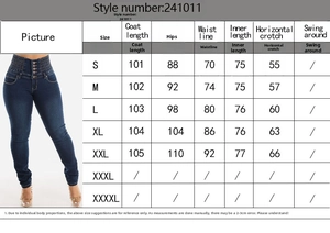 Tableau des tailles détaillé pour jean extensible taille haute avec mesures taille et hanches
