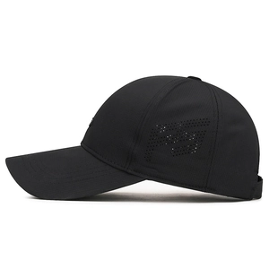 Quick-dry black sport baseball cap with side laser-cut vents and durable structured crown