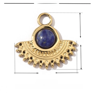 Golden fan-shaped stainless steel pendant with blue natural stone and size dimensions