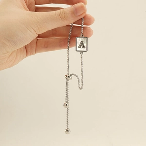 Titanium steel bracelet with natural shell square A-letter pendant on adjustable chain