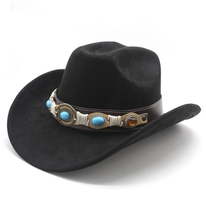 Black western felt cowboy hat featuring turquoise beadwork and braided leather band