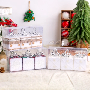 Three-piece Christmas foam gift box ornaments with lace, snowflakes and red plaid patterns