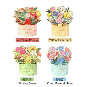 3D pop-up floral greeting cards in four colors with gold foil 'Best Wishes' text