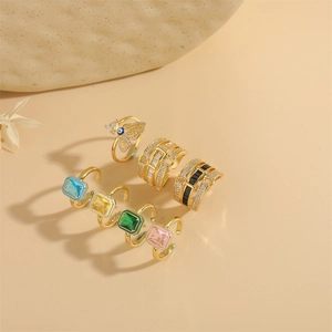 Set of 6 gold adjustable rings featuring butterfly and square zircon stones in various colors