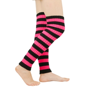 Detail of pink and black striped knit leg warmers with tight ribbed texture for JK style