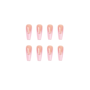 Long coffin-shaped French press-on nails with pink glitter tips and nude base