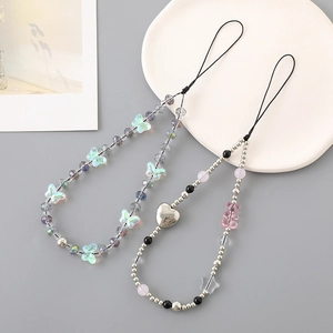 Beaded Phone Charm Strap Acrylic Crystal Faux Artificial Pearl Heart Star Butterfly Flower Pattern Decorative Lanyard Accessory