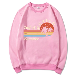 Pink Gulf of Mexico hoodie with sunset palm tree print and crew neck design