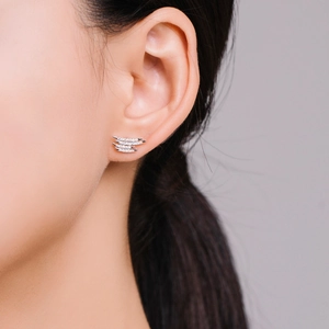 Sparkling S925 sterling silver four-row curved stud earrings with clear zircon stones