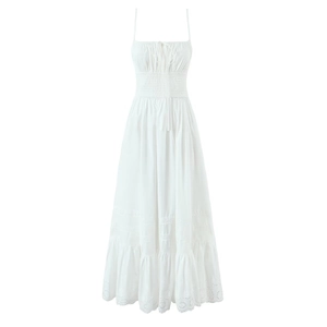 Robe Longue En Coton À Fines Bretelles Dentelle Anglaise Ourlet À Volants Dos Froncé Sans Manches Été Plage Vacances