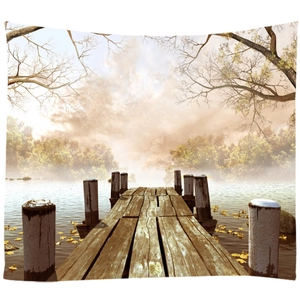 Autumn lake landscape wall tapestry featuring a wooden pier and golden forest scenery