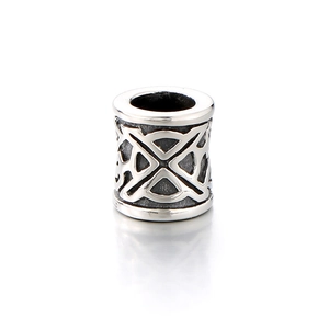 Retro stainless steel barrel bead with intricate hollow patterns for charm bracelets