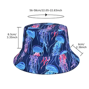 Reversible jellyfish print bucket hat in navy blue with detailed size measurements