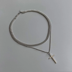Double-layered Cuban chain necklace with minimalist cross pendant for men in silver finish