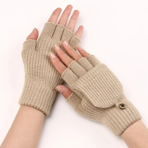 Striped convertible knitted flip top mittens in beige for winter warmth and texting