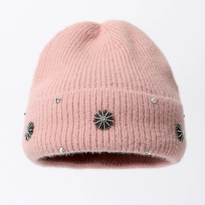Pink mohair knit beanie with vintage silver floral ornaments and sparkling rhinestones