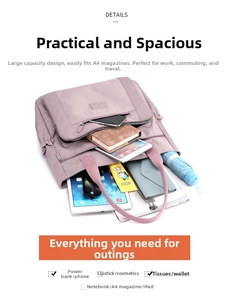 Vue détaillée du grand sac cabas mauve montrant sa capacité A4 et pour iPad