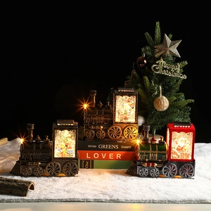 Vintage Christmas train water lantern with LED light and swirling glitter snow effect
