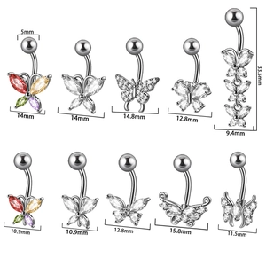 Set of ten stainless steel butterfly belly rings with zirconia stones on white background