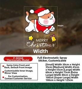 Size chart for Christmas cat static window stickers with measurements from S to XXL