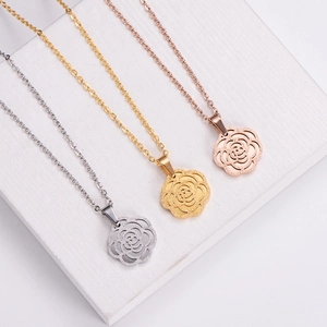 Frosted rose flower pendant necklaces in gold, rose gold, and silver stainless steel