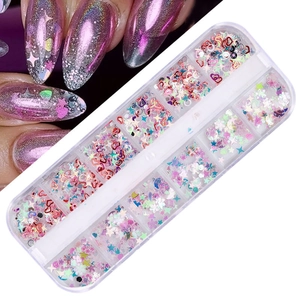 Detail of 12-grid nail glitter set with laser heart and butterfly holographic sequins