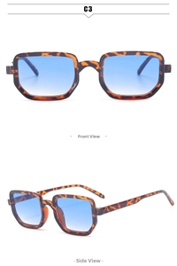 Detail view of tortoiseshell square sunglasses with blue gradient lenses C3 color