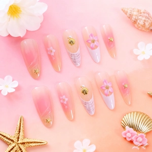 Französische Mandel-Press-On-Nägel mit 3D-Muschel, Seestern und rosa Blumendesign