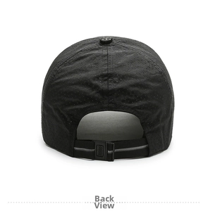 Rear view of black sports baseball cap with breathable perforated fabric and strap