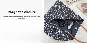 Detailed interior of floral canvas tote bag showing magnetic clasp and inner pockets