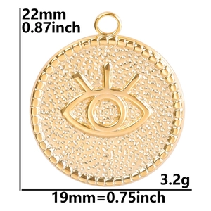 Detail showing dimensions of 22mm golden stainless steel devil's eye round pendant
