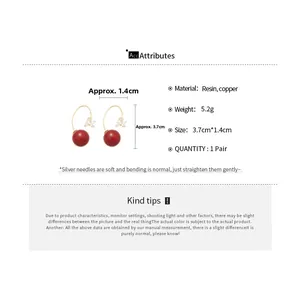 Detail specifications of red resin bead earrings with dimensions and material info