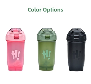Three translucent matte sports shaker cups in pink, green, and black with Hi! logo